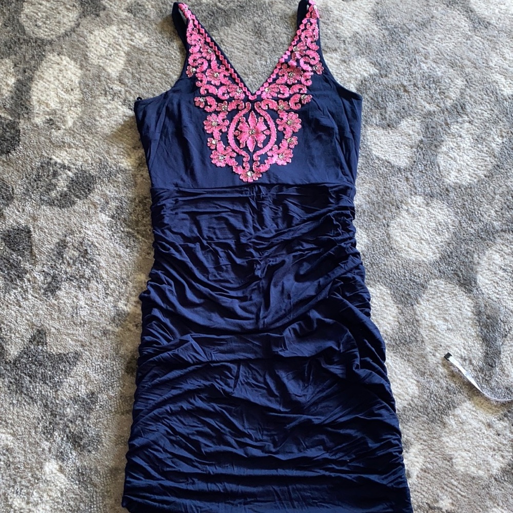 Navy blue ruched dress with pink embroidery